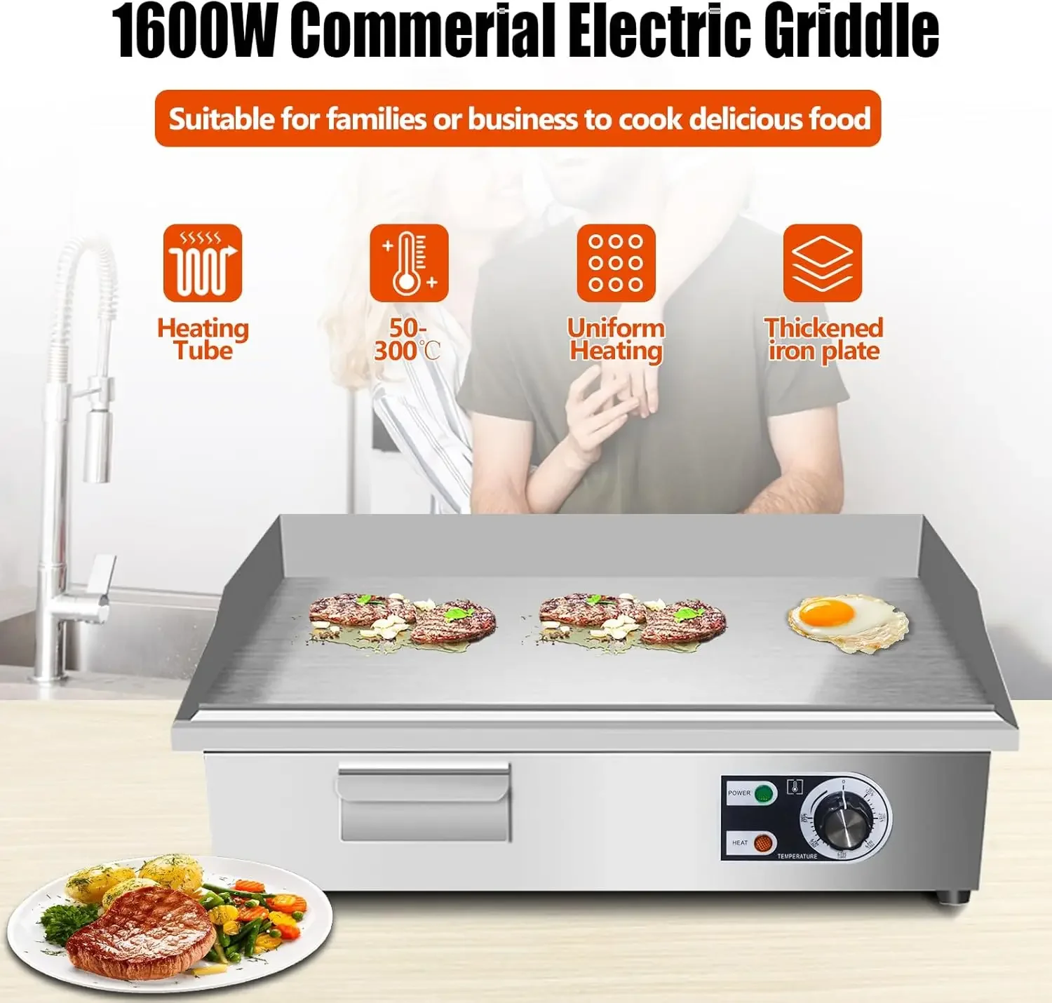 Electric Griddle,Electric Countertop Flat Top Griddle,110V 1600W Electric Flat Top Grill,Non-Stick Restaurant Teppanyaki Stainle 2