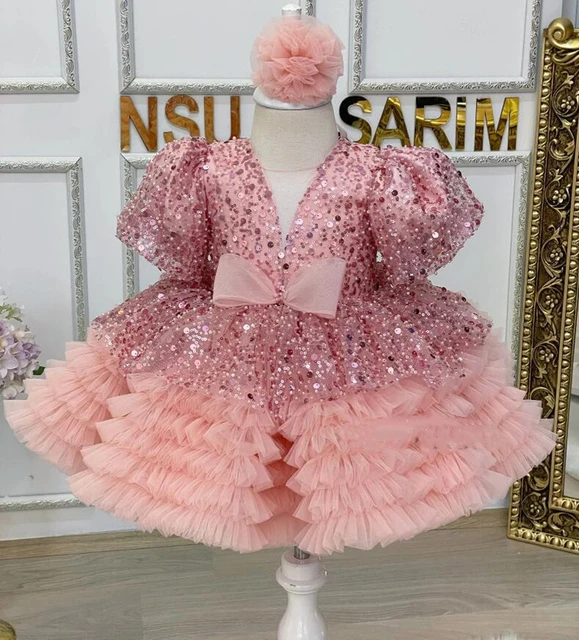 Vestido de lujo brillante para niña, vestido de tul escalonado con  lentejuelas de manga corta para niño pequeño, tutú para fiesta de primer  cumpleaños - AliExpress