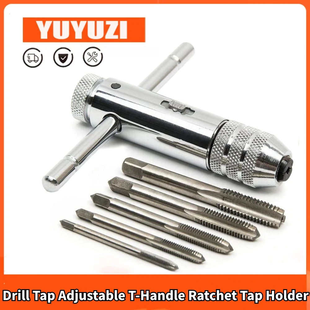 Lathe Tool Holder Set Drill Tap Adjustable T-Handle Ratchet Tap Holder Wrench Metal Drills Tools for Cutting Outer Internal Thread Set Plug