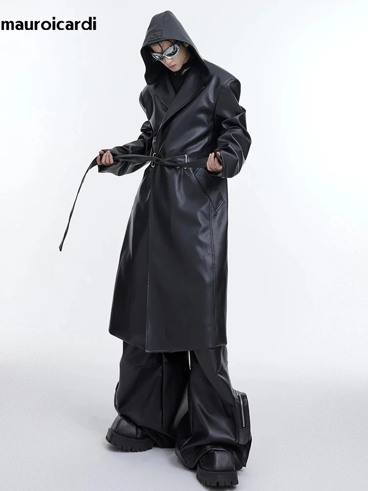 Mauroicardi Autumn Long Oversized Waterproof Black Faux Leather Trench Coat Men with Hood Loose Luxury Designer Clothes 2023 2