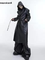 Mauroicardi Autumn Long Oversized Waterproof Black Faux Leather Trench Coat Men with Hood Loose Luxury Designer Clothes 2023 2