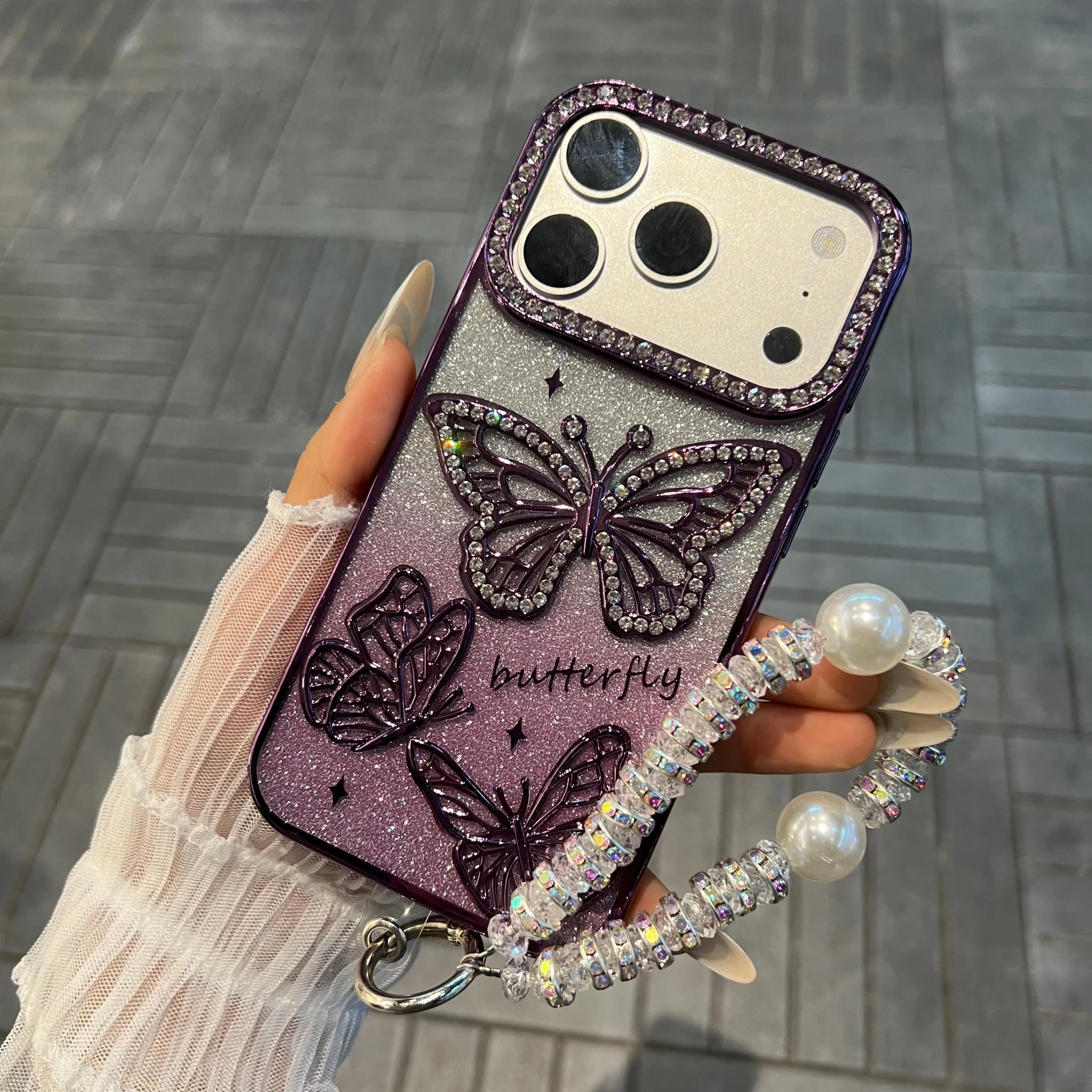 3D Butterfly Rhinestone iPhone 17 Pro Max Shiny Anti Drop violet