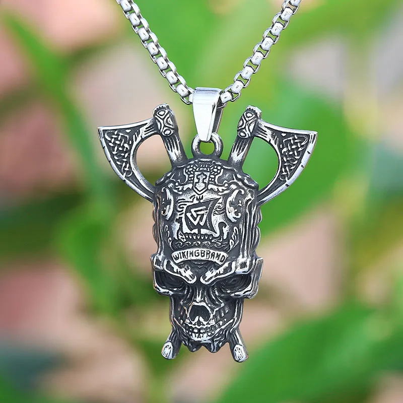 

2024 New Viking Skull With Axe And Celtic Knot Pendant Necklace Fashion Metal Chain Jewelry Man Women Vintage Accessories