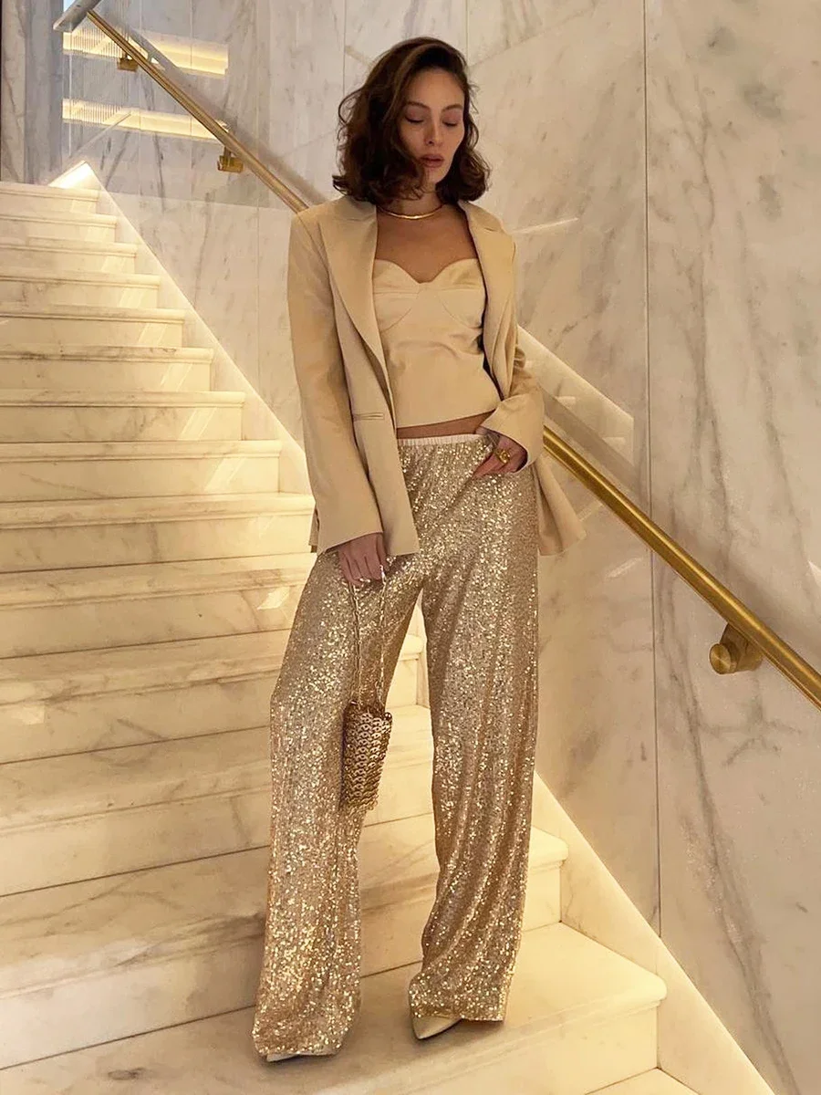 Sumuyoo Elegant Silk Sequins Women Pants 2023 Midi Waist Loose Long Pants Streetwear Classic Trousers Fashion Female Clothing