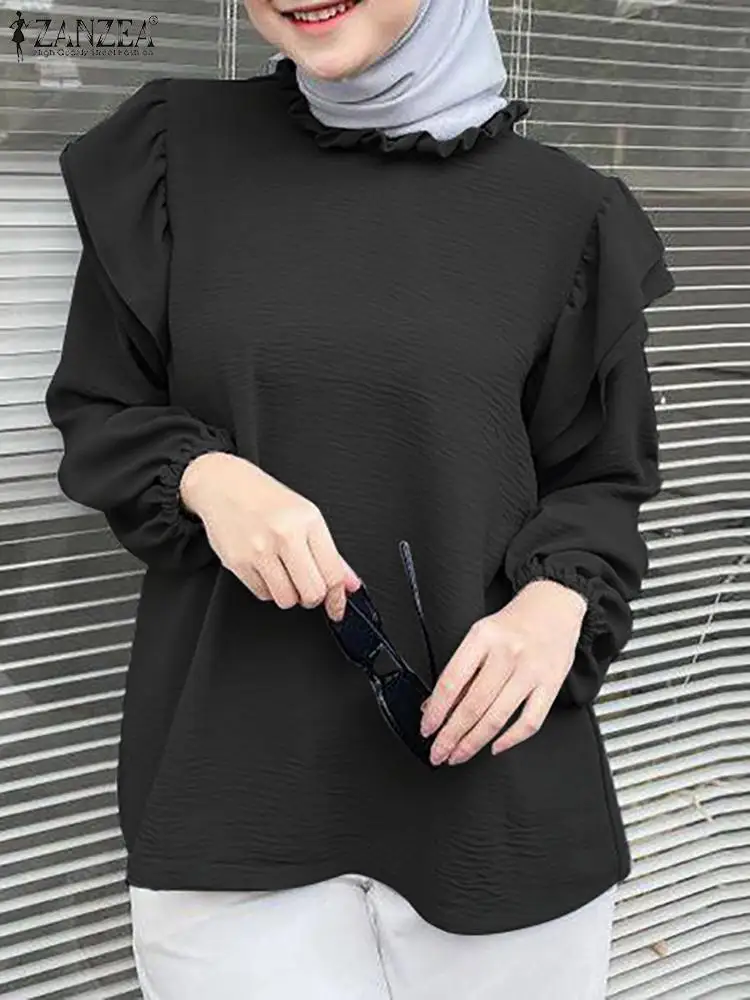 

ZANZEA Fashion Long Sleeve Muslim Blouse Casual Eid Mubarek Shirt Woman Stand Collar Solid Color Chemise Elegant OL Office Tops