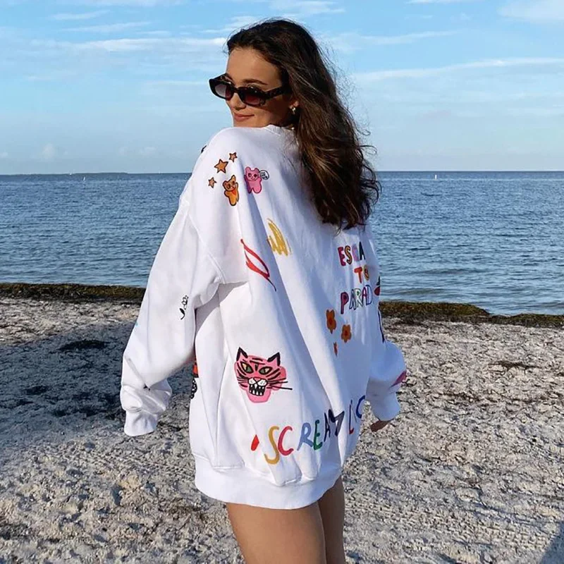 Harajuku Print 90s E-girl Oversized Sweatshirts for Women Long Sleeve Autumn Graphic Print Casual Long Pullovers Outfits 2024