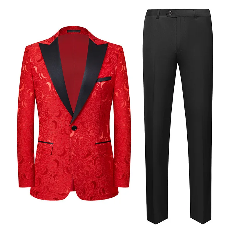 High Quality Jacquard Men Suit Gentleman Clothing Red Black White Fashion Luxury Wedding Party Dress Man 2 Piece Blazer Pant Set