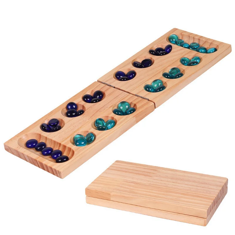 B78B-Gioco da tavolo Mancala in legno pieghevole per età superiore ai 7 anni Gioco di strategia classico con perline multicolori per famiglia, feste e viaggi - immagine 6