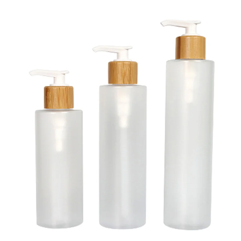 

Empty Bottle Frost Plastic PET 200ML 250ML 300ML 15Pcs Bamboo Wooden Collar Lotion Pump Container Refillable Cosmetic Bottles