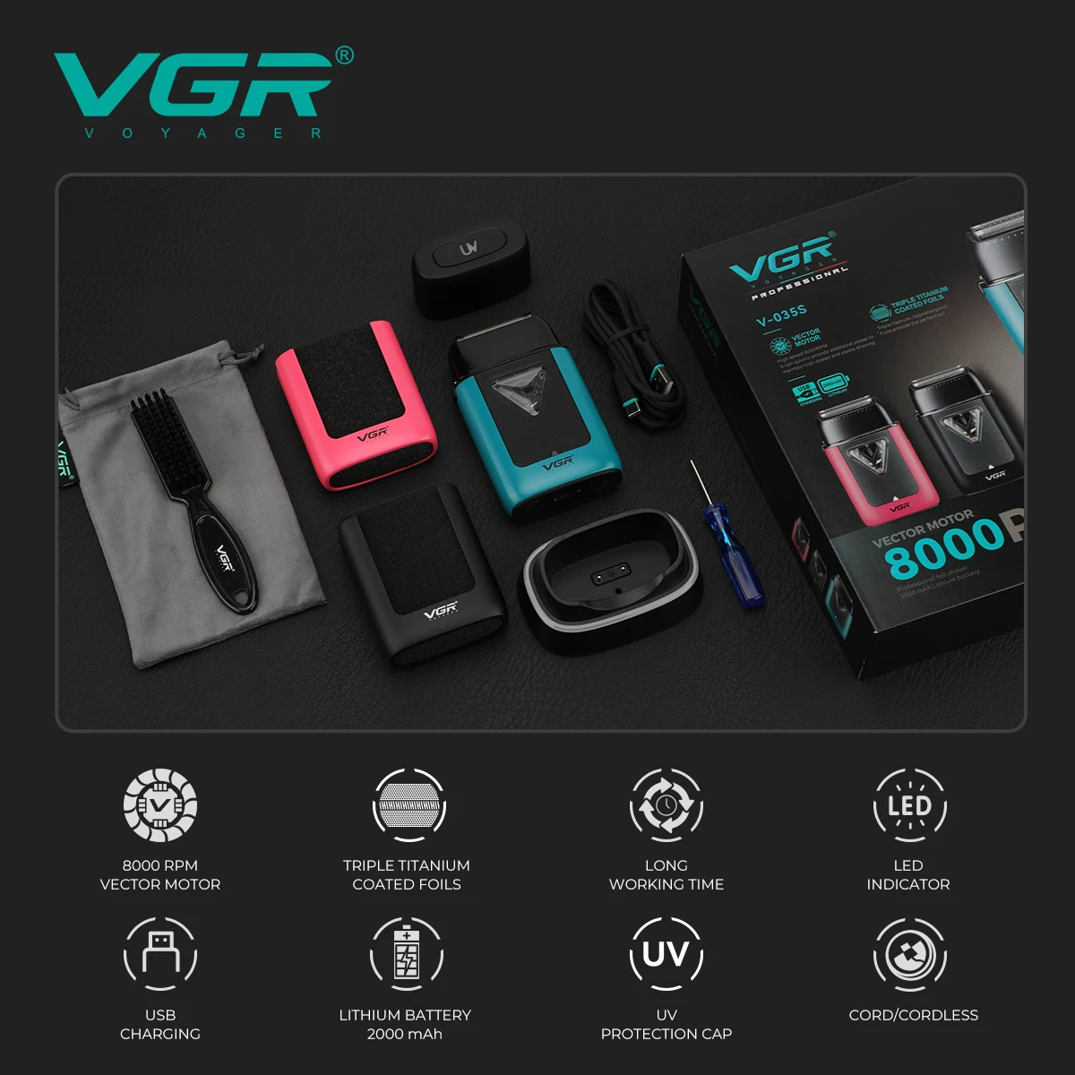 자기 부상 기술이 적용된 VGR 고급 남성용 전기 면도기, 8000 RPM 딥 헤어 트리머가 장착된 가정용 면도기 V-035S