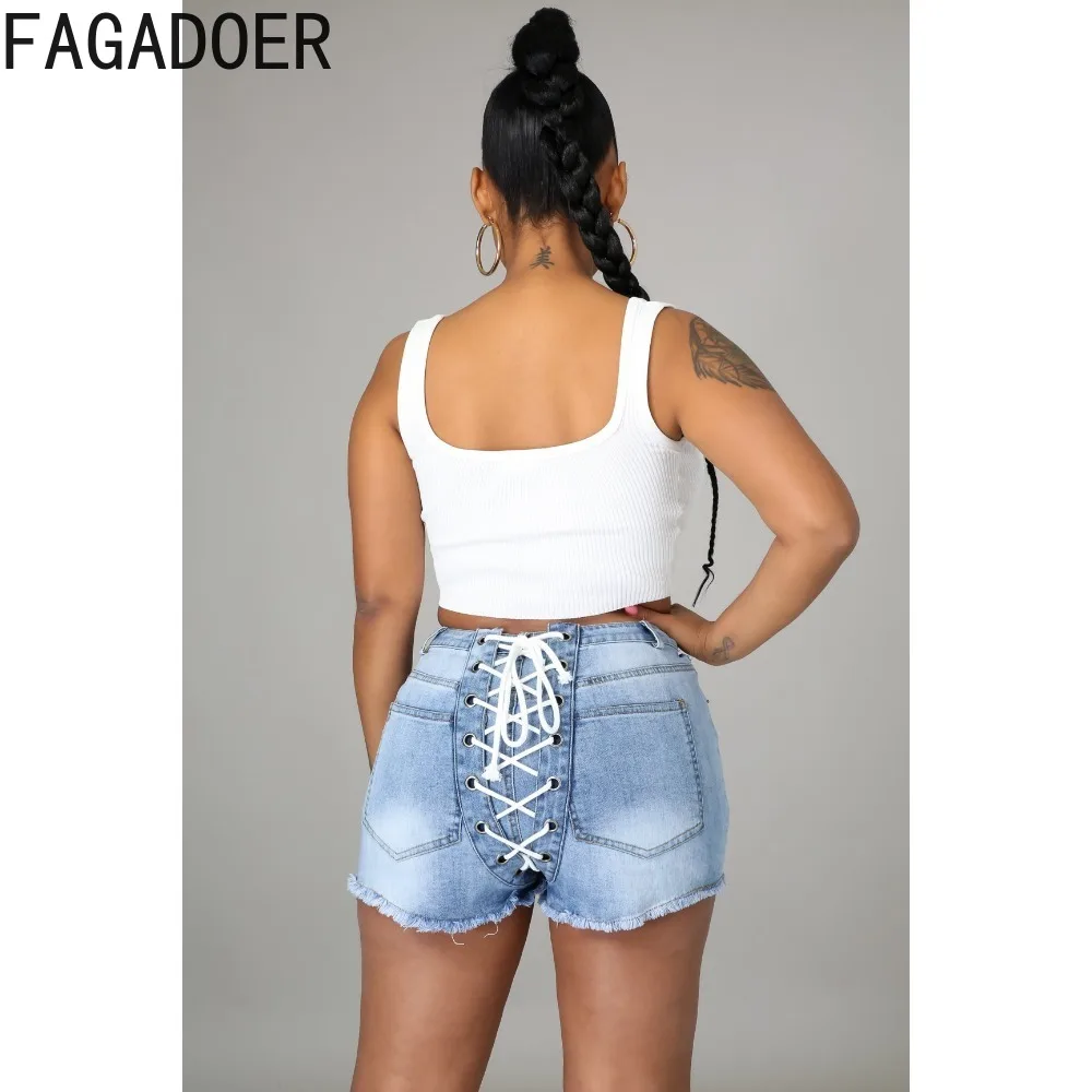 FAGADOER Fashion Bandage Denim Shorts Women High Waisted Button Pocket Slim Jean Summer New Female Matching Cowboy Bottoms 2024