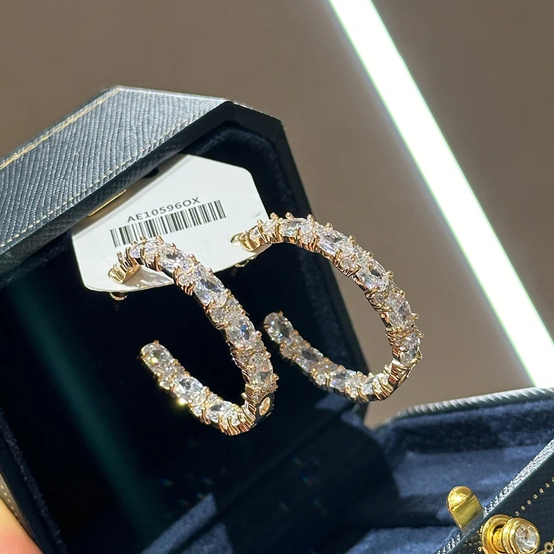 

C-shaped shiny zircon minimalist vintage geometric hoops earrings