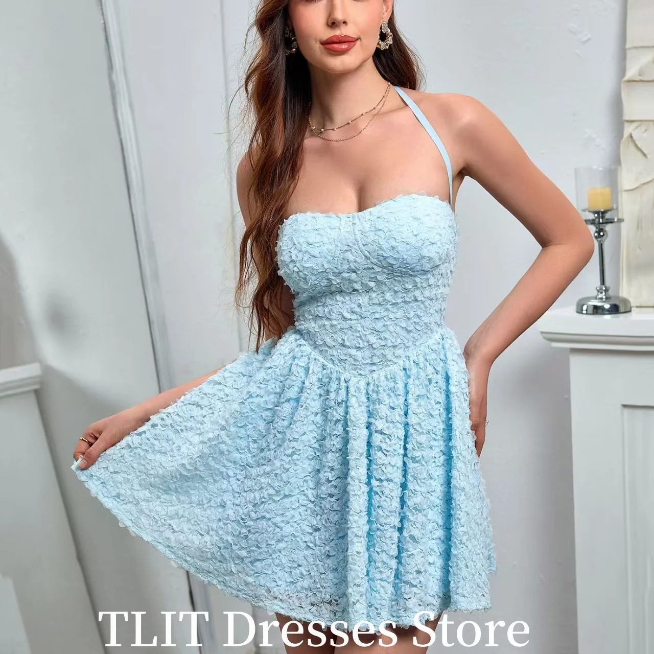 TLIT Sexy Baby Blue A-LINE Evening Dress Cocktail Party Spaghetti Strap Halter Mini-Length Prom Gown Formal Party