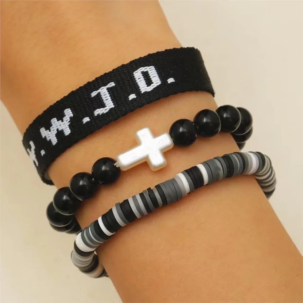 WWJD Letter Design Beaded Cross Charm Bracelert for Women&Men Trendy All-match Exquisite Bracelet Jewelry Birthday Gifts