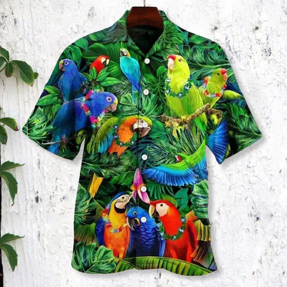 

Гавайская рубашка мужская с отложным воротником, свободная пляжная сорочка с короткими рукавами, воротником на пуговицах, принтом кокосового дерева и птиц, уличная одежда, лето