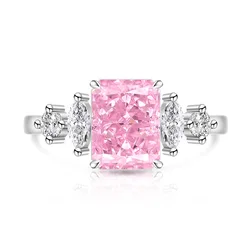 Elegant 925 Sterling Silver Zircon Square Ring, Adjustable Open Band, Luxury Fine Jewelry for Women, Perfect Party Gift (Light pink)