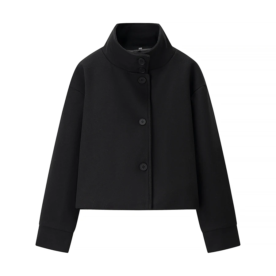Women's Short Solid Color Wool Jacket Coat Simple Fashionable Commuting Long Sleeved Stand Up Collar Woolen Lady Coat Streetwear