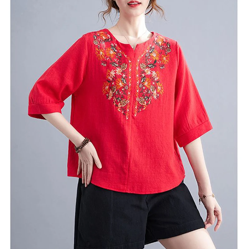 Women's Retro Ethnic Style Embroidery Cotton Linen Blouse Summer Fashion Simple Casual Streetwear Shirt Short Sleeve Loose Tops
