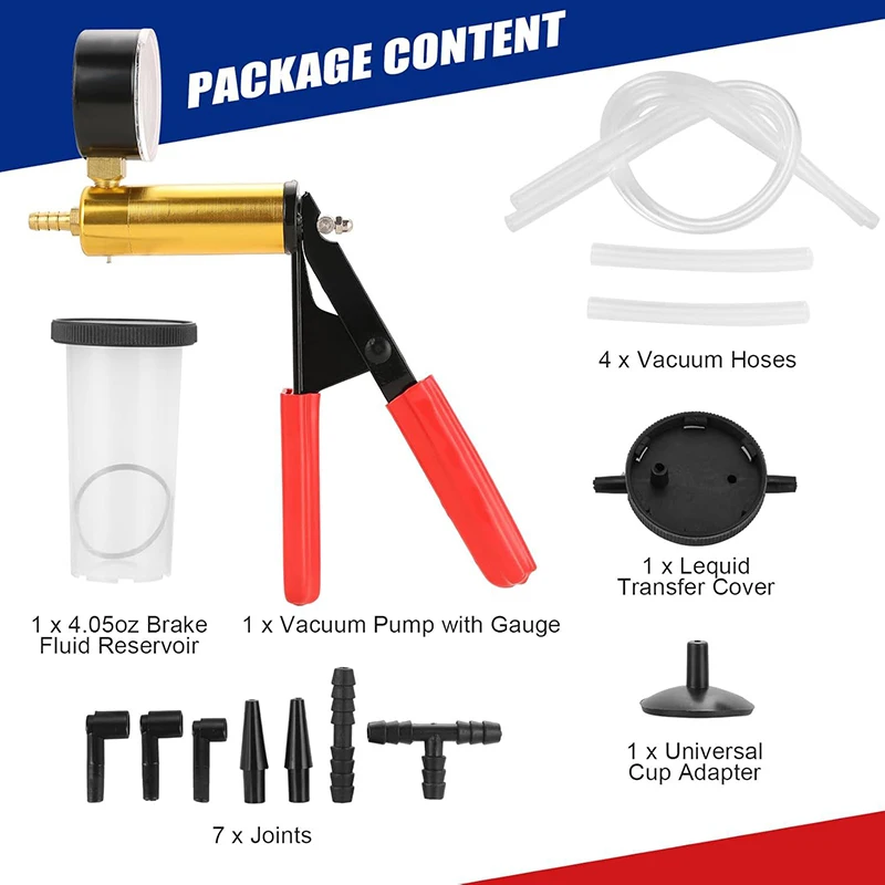 2 in 1 Manual Vacuum Pressure Pump Brake Fluid Drain Kit Vacuum Pistol Pump Tester Kit Portable Durable Aluminum Vacuum Gauge 5