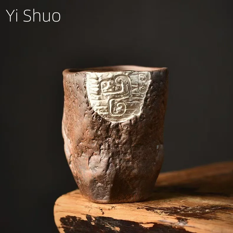 Pure Handmade Coarse Pottery Tea Cup Old Rock Mud Silver Teacup Household Ceramic Kung Fu Tea Set Master Cup Mug