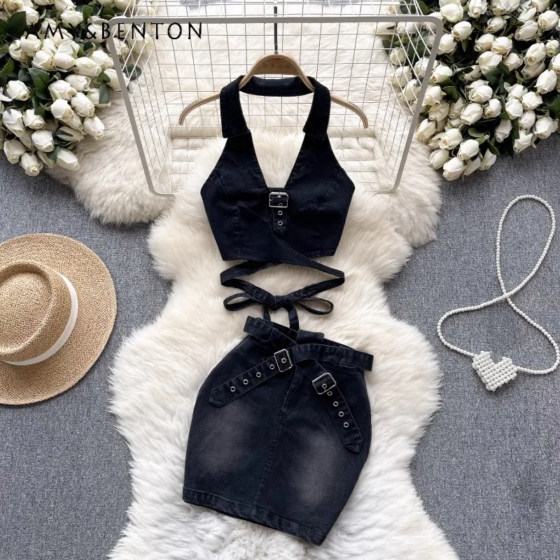 American Hot Girl Style Denim Suit Outfits Design Sense Halter Top Tied Slim Fit Short Skirt Retro Two-Piece Set Women's Clothes