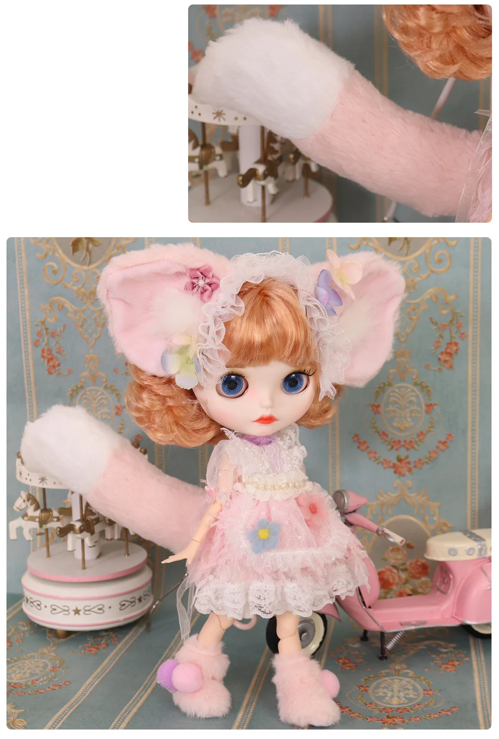Neo Blythe Doll Lina Bell Cosplay Pink Pearl Dress with Headband 3