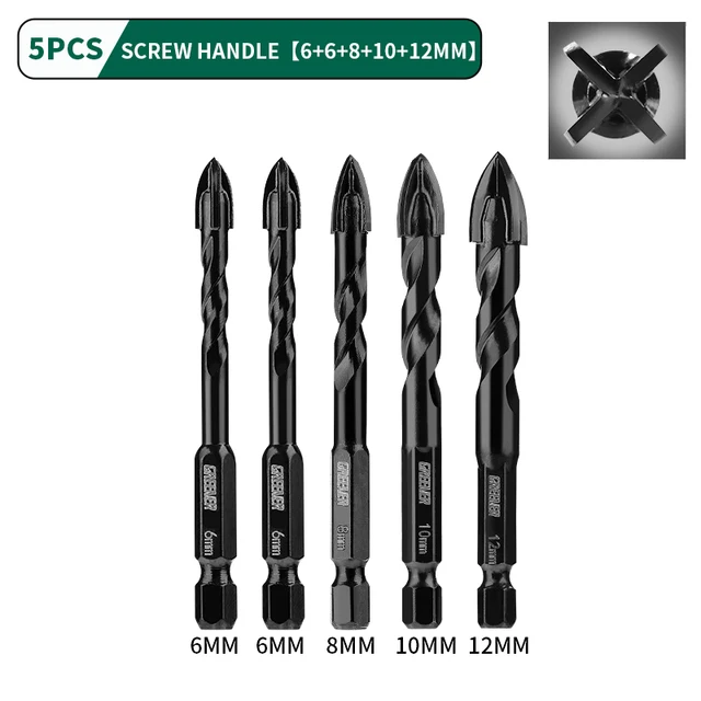GREENER 3-12mm Four-blade Concrete Impact Glass Drill Cross Hex Tile Drilling Bit Special For Hexagonal Shank Hard Alloy Tri 6-12mm 5pcs