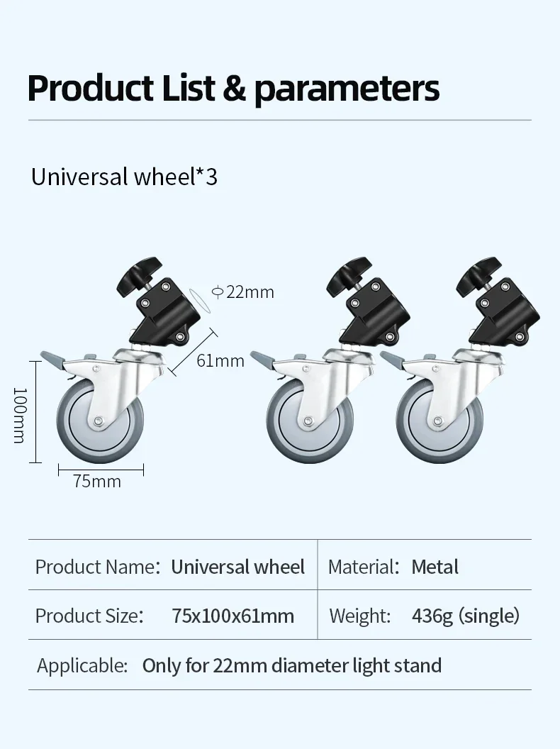 Description Picture 4 of itemSOONPHO 3pcs Tripod Wheel Heavy Duty 22 MM Diameter for Photography Photo Century Foldable Light Stand Tripod Magic Leg