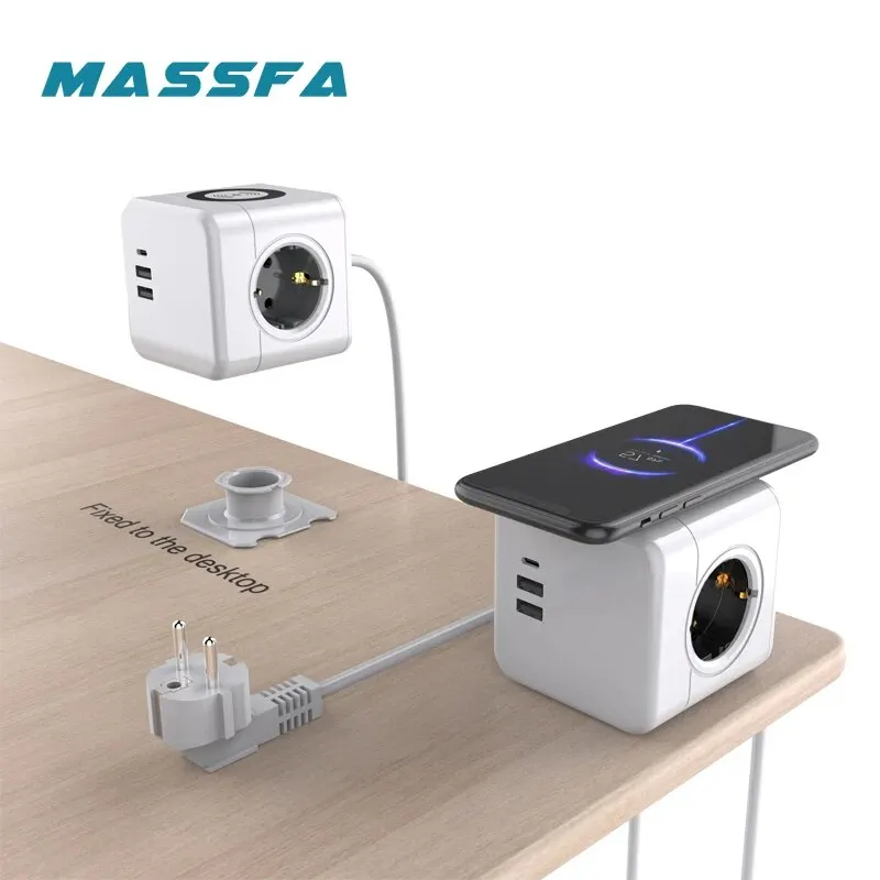 MASSFA EU Plug 3 AC Outlets Power Strip USB Type C Ports 1.5m Extension with Phone Wireless Charger Station Socket Desktop Base