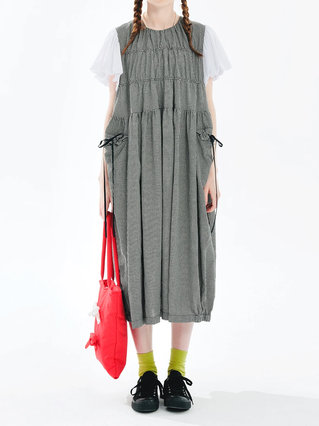 IMAKOKONI original design short sleeved plaid patchwork round neck pullover strap bow dress for women 244654 3