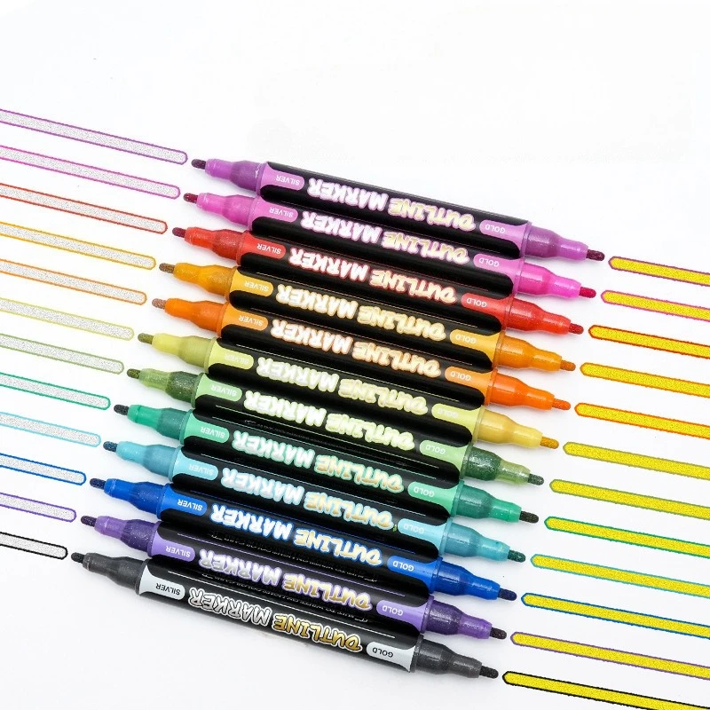 8/12 색상 더블 헤드 더블 라인 컨투어 펜 빠른 건조 비 페이딩 어린이 그림 낙서 핸드북 장식 DIY 디자인