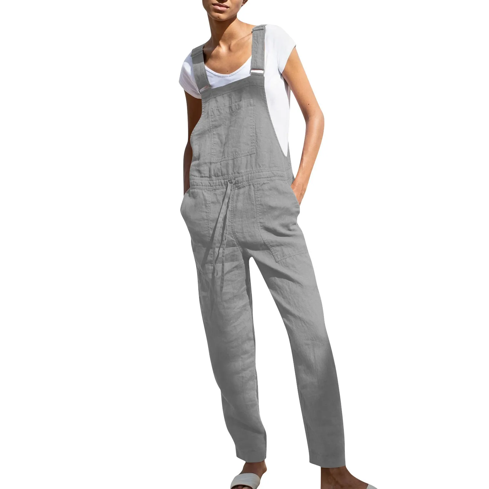 

Womens Cotton Hemp Jumpsuits Fashion Solid Color Overalls Casual Romper Adjustable Straps Waist Lace-Up Jumpsuits With Pockets