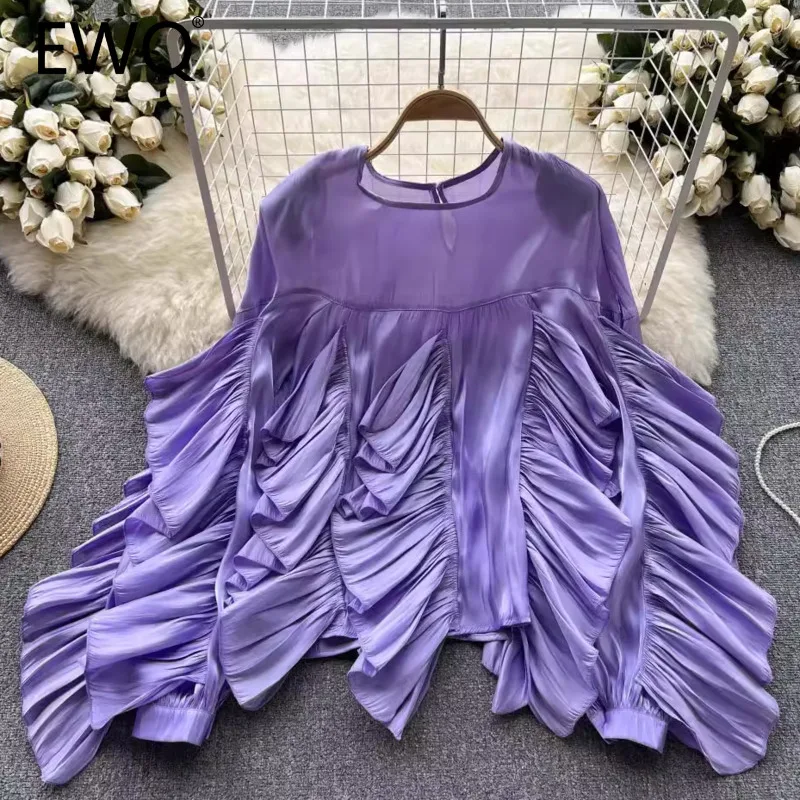 

Женская Асимметричная Блузка с оборками, длинным рукавом и круглым вырезом