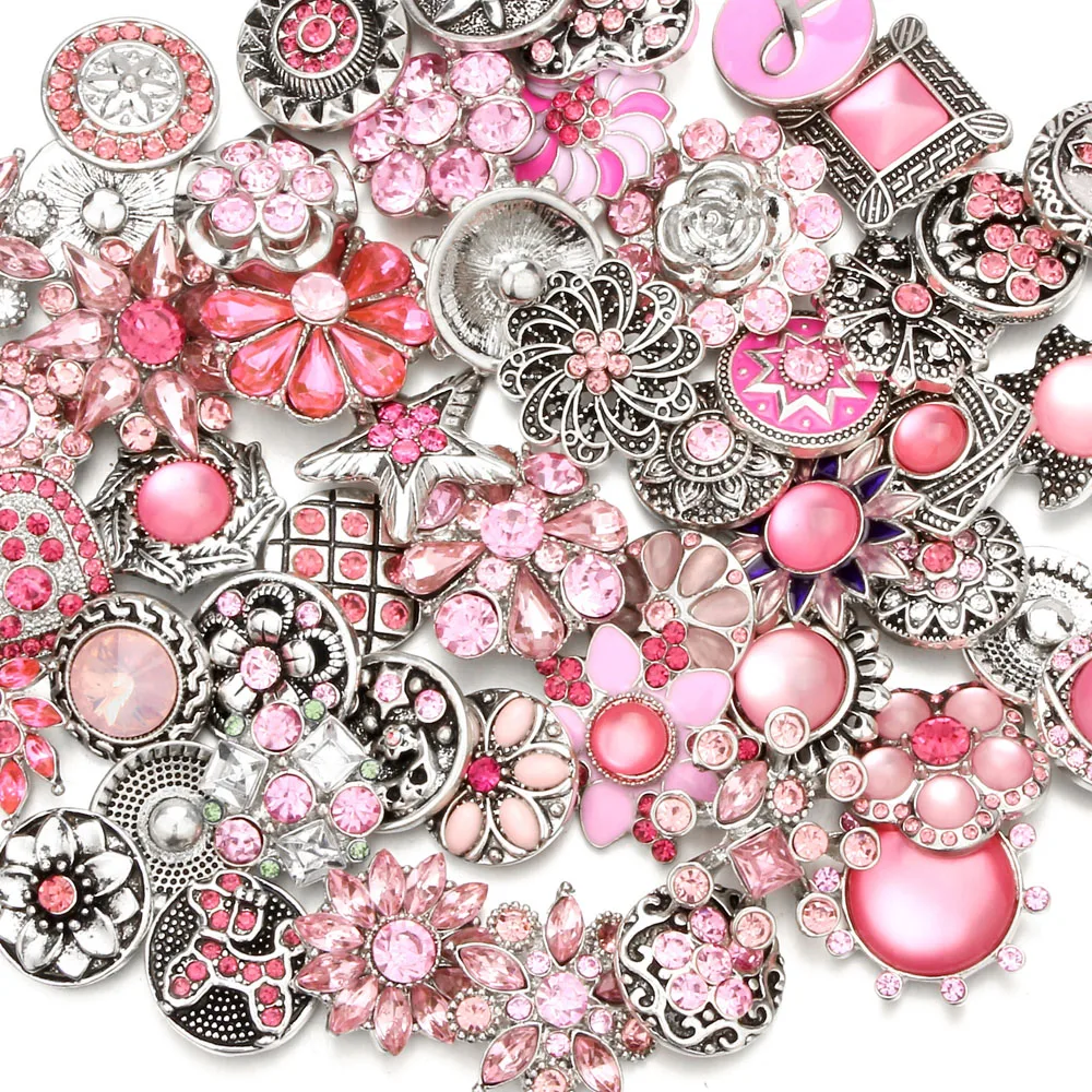 20pcs Snap Button Jewelry DIY Metal Pink Crystal Flower 18MM Snap Buttons Fit 18mm Snap Button Bracelet Necklace