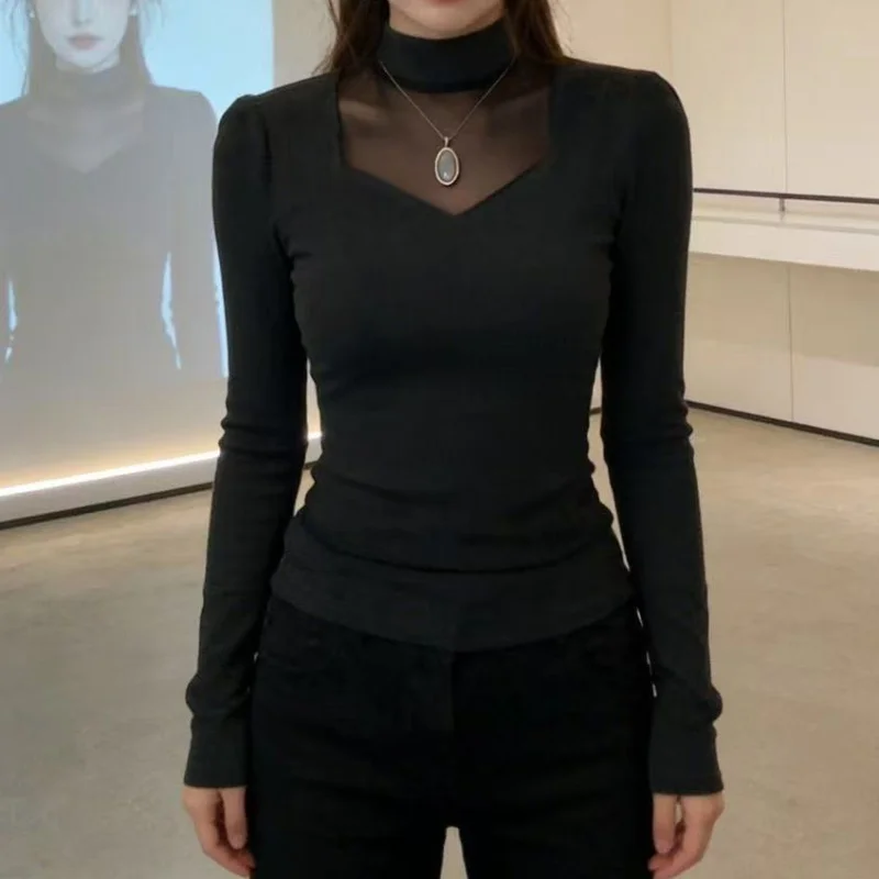 Damen Frühling Halbhoher Kragen Langarm T-Shirt mit Netzstoff-Einsätzen, Schwarzes Elegantes Transparentes Oberteil