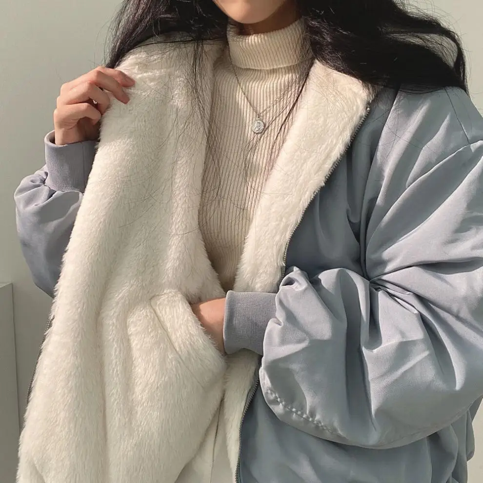 Winter Thicken Warm Parkas Women Oversized Kawaii Double Sided Hooded Coat Ladies Korean Fashion Casual Loose Zip Up Jackets 2