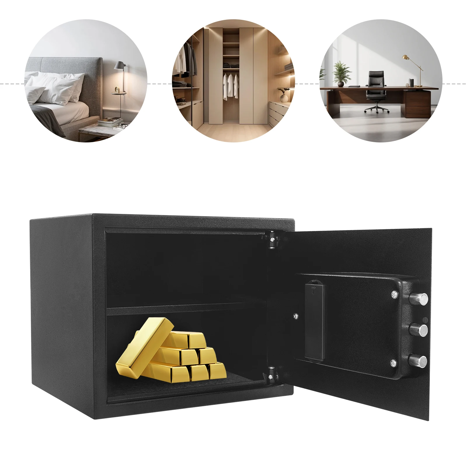 Closed digital keypad safe resting on a shelf