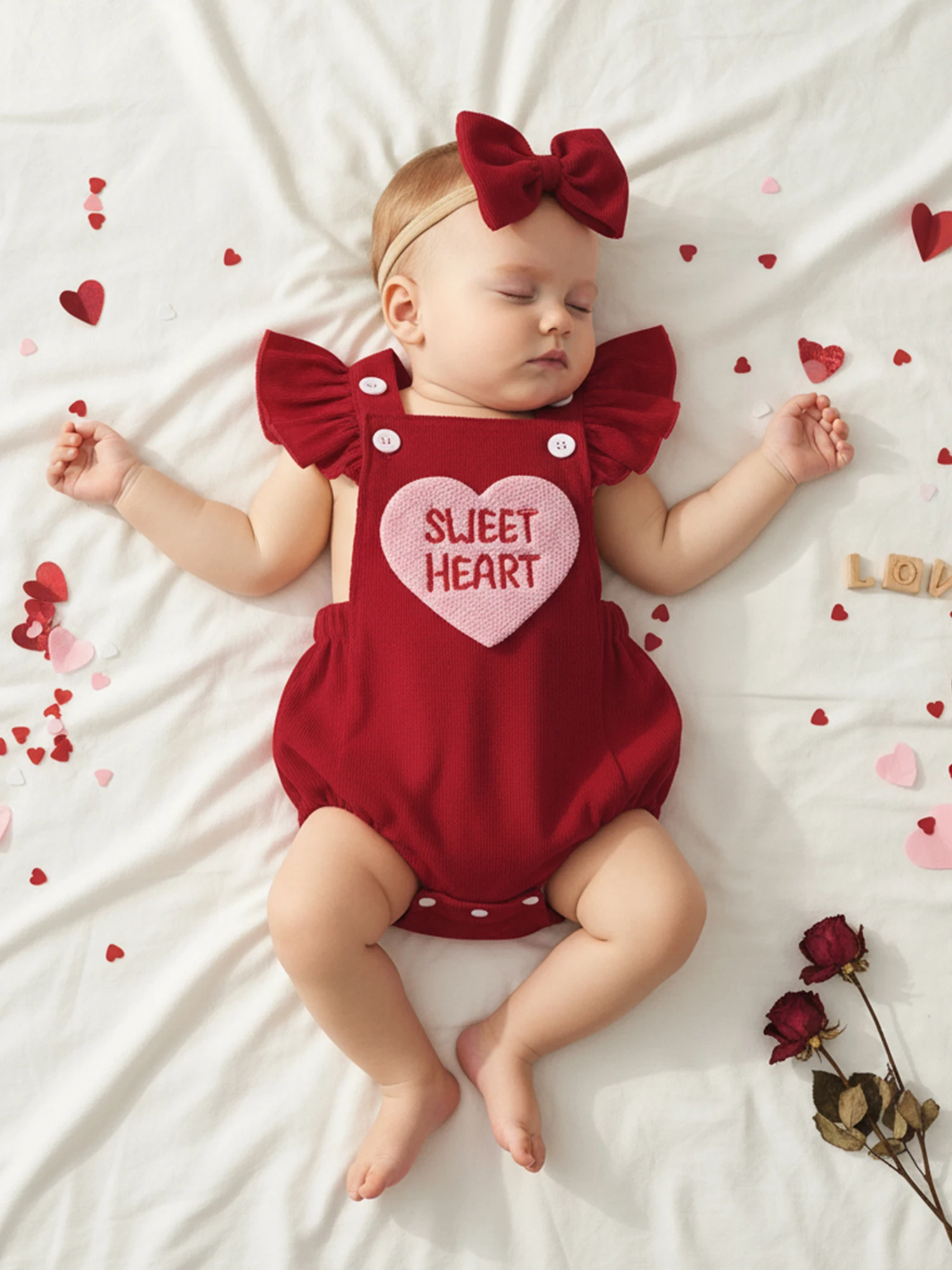 Baby Girl Valentines Outfit Letter Love Heart Embroidered Ruffled Trim Flying Sleeve Romper and Bow Headband 2 Pcs Set S4955500d21ad411ab8eef91ba89597dal