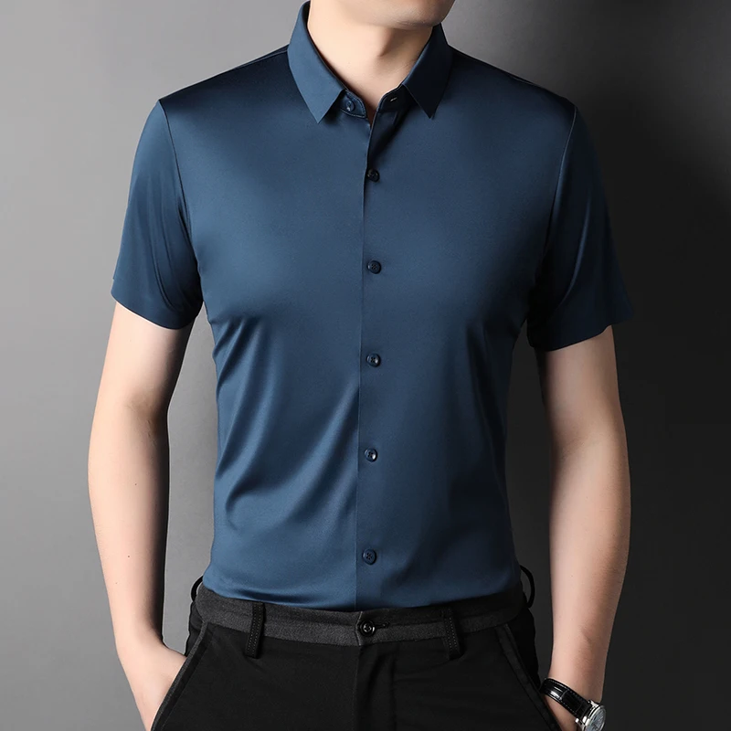 MLSHP High Elasticity Summer Men's Shirts Luxury Short Sleeve Solid Color Seamless Business Casual Male Dress Shirts 4XL