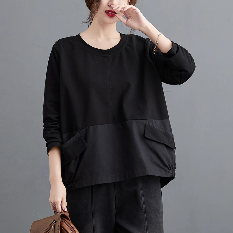 plus Size Women's Faionable Loose Long Sve round Ne T-irt Autumn Boting irt Artistic Sle Casual Cotton Tee