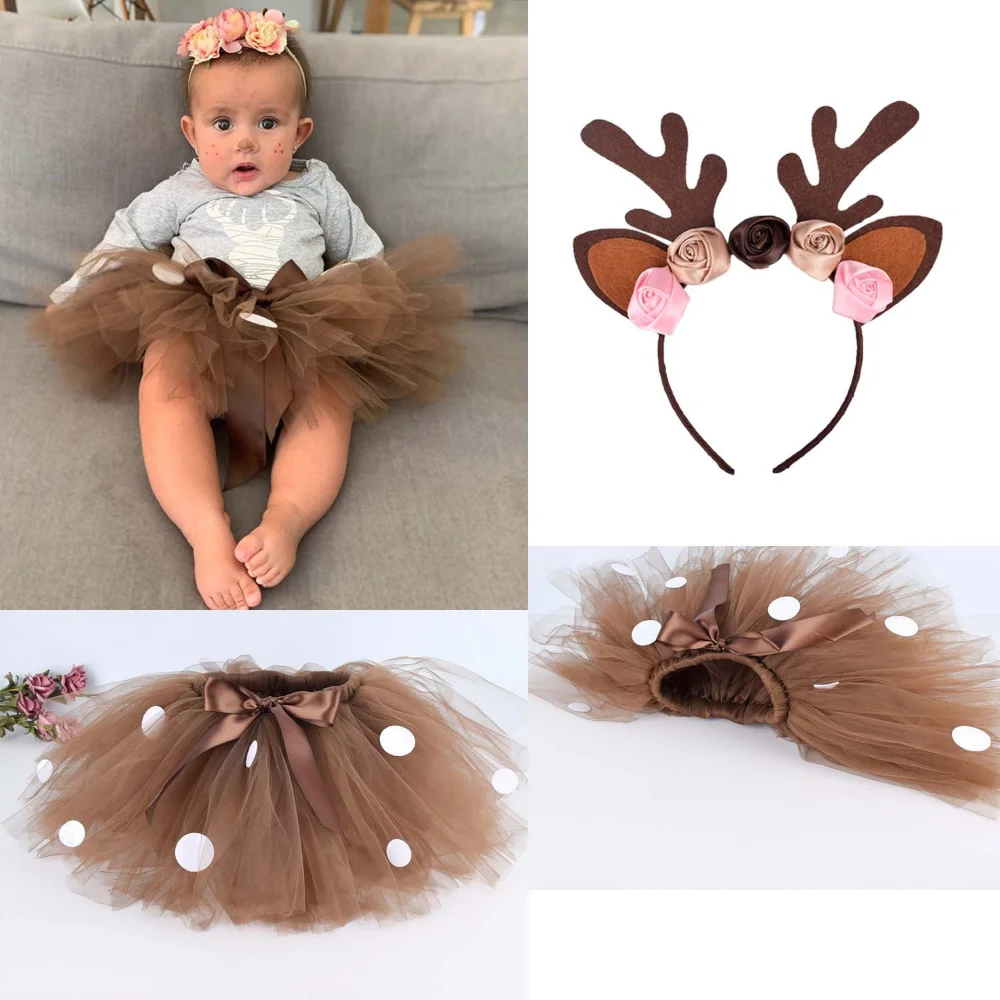 Girl Tutu Skirt Fluffy Deer Christmas Costume Kids Reindeer Tulle Skirt for Halloween Carnival Children Outfit Holiday