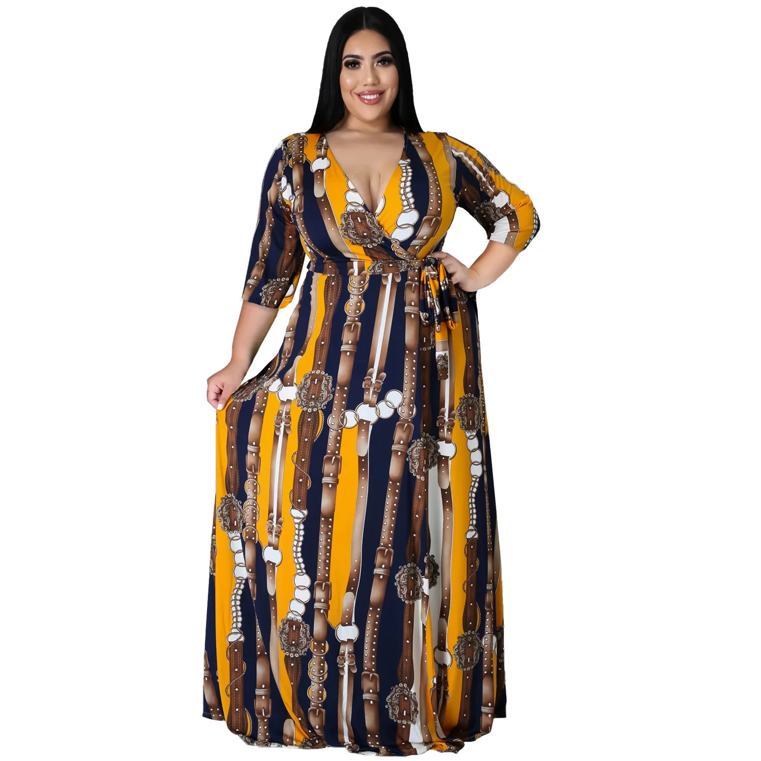 

HAOOHU Women's Clothing Plus Size Bohemian Dress 2023 V-neck Mid-sleeve Split Beach Print Big Swing Dress Fashion Casual Urban