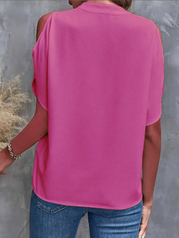 Elegant V-Neck Women's Short-Sleeve Shirt - Solid Color, Notched Collar, Loose European & American Style Versatile Top 4