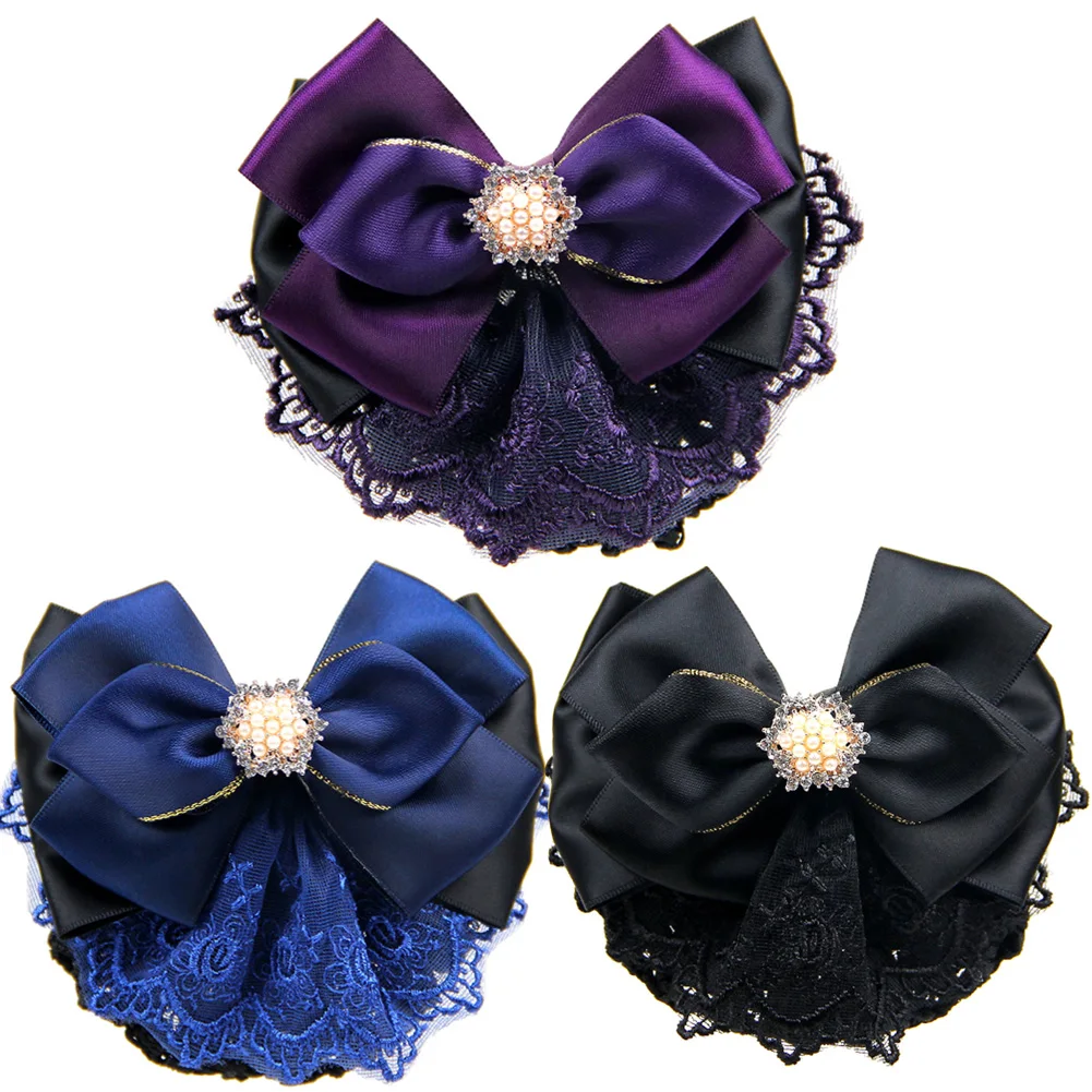 салатник на ножке crystal bohemia x lady 29 см Summer Ribbon Hairgrips Crystal Crochet Hair Bun Net Snood Bow Hair Clips Lace Bow Hair Net  Office Lady Bow Tie Barrette New