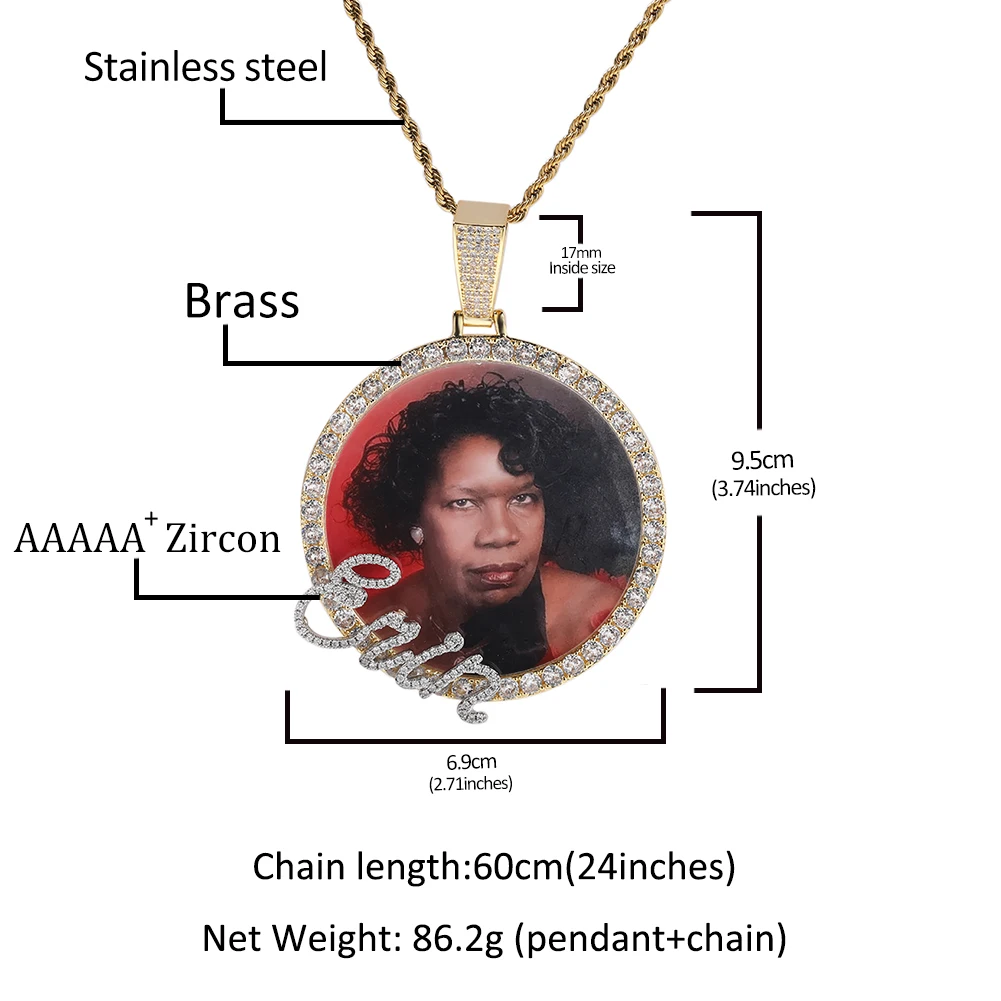 THE BLING KING Custom Cursive Letters Big Round Photo Memory Pendant DIY Picture Chain Necklace Hiphop Jewelry For Family Gift