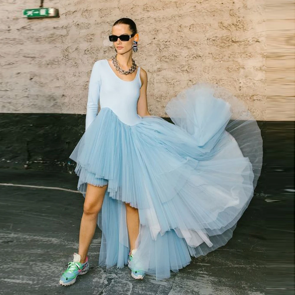 

Stylish Sky Blue Asymmetrical Women Dresses One Shoulder Tiered Tulle Long Female Maxi Dresses Stretchy Fabric Fashion Dress