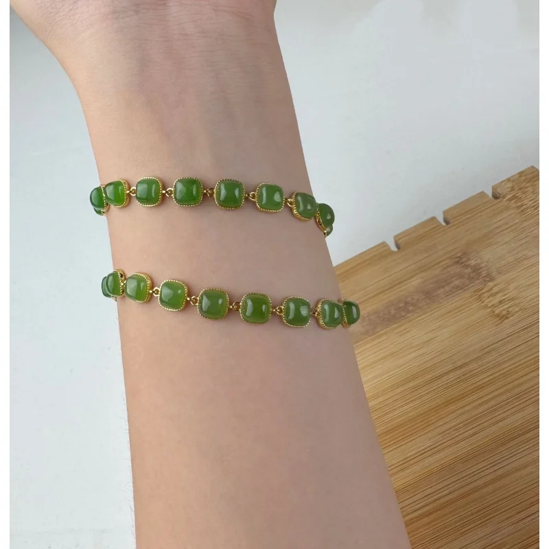 

Natural Hetian Green Jade Bracelet S925 Ancient Style Silver Plated Women's Retro Design Simple Popular