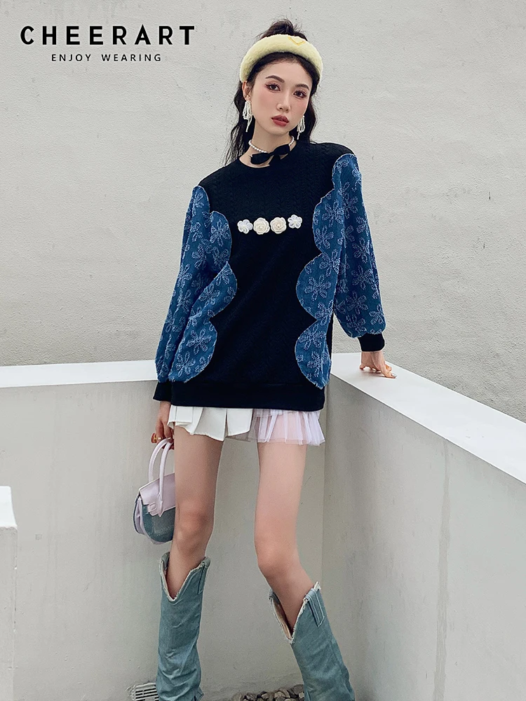 

CHEERART Autunn Winter Jacquard Denim Patchwork Crewneck Sweatshirts Women Korean Fashion Hoodies Floral Patch Tracksuit Clothes