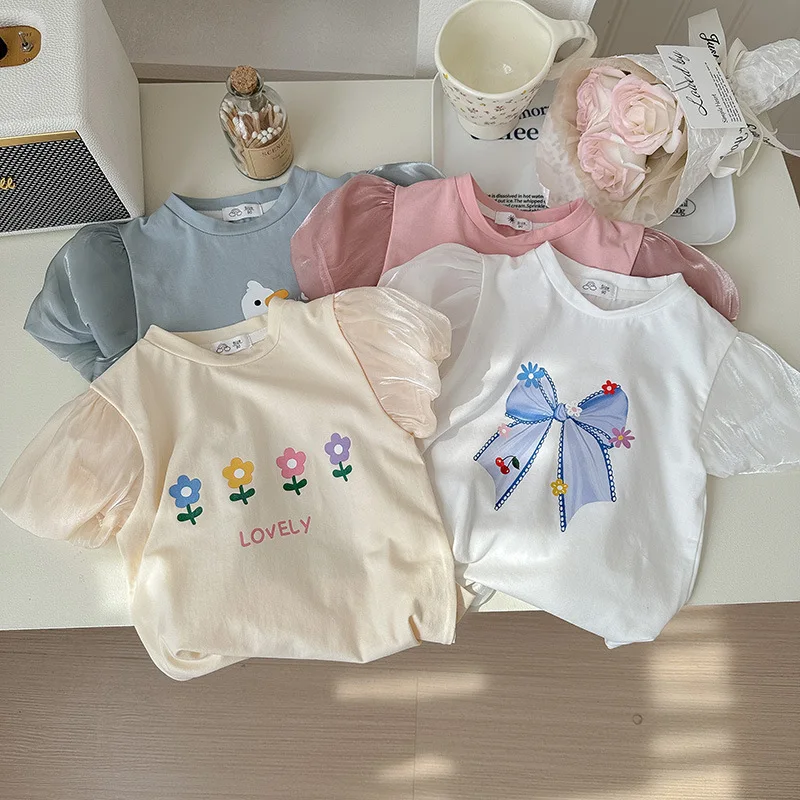 XTY-GirlsTT-shirt Short Sleeve Summer2024New Western Style Baby Girls' Half Sleeve Top Children's Bottoming Shirt Summer Wear