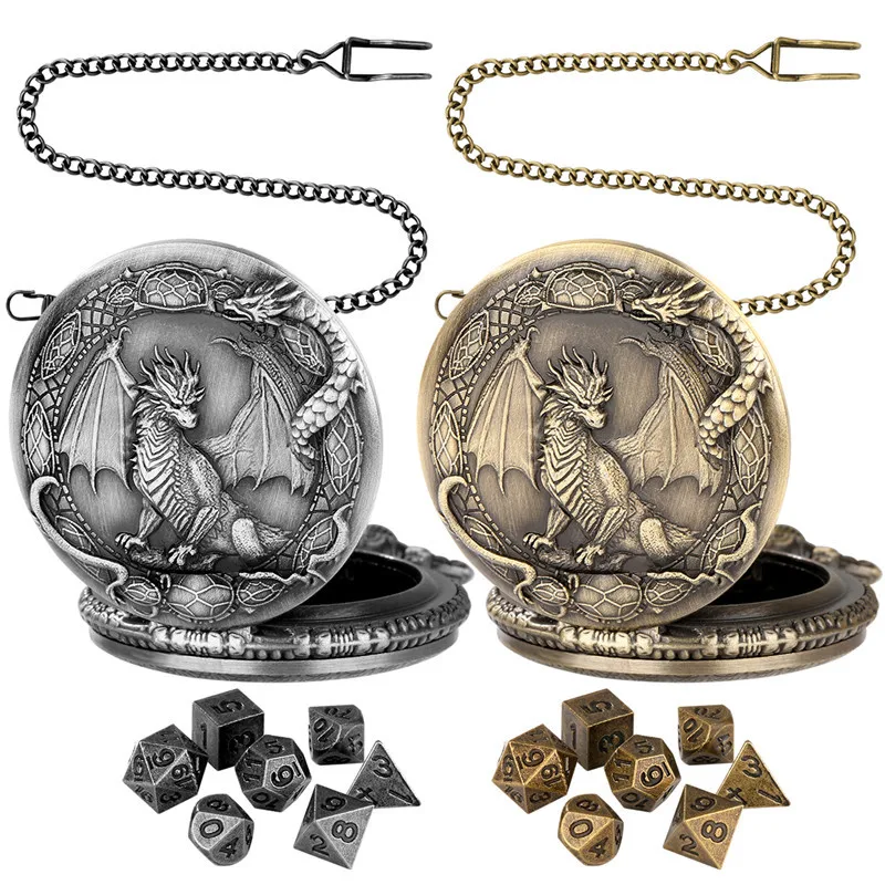 Taschenuhrengehäuse mit geschnitzten Drachenflügeln aus Bronze, 7-teiliges polyedrisches Würfelset aus Metall für Unterhaltung, Rollenspiele – Detail 1